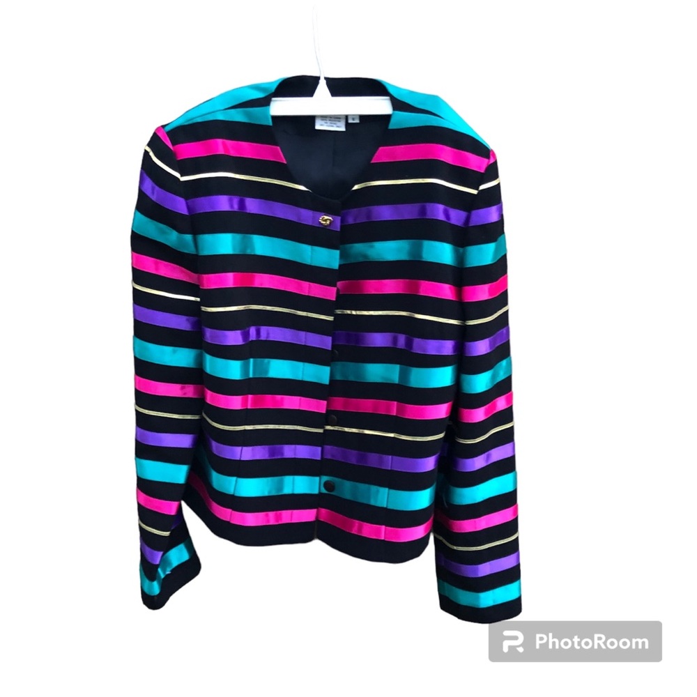Vintage 80’s Jacket Maggy London Petites Striped Ribbon Cropped Blazer Sz. 6